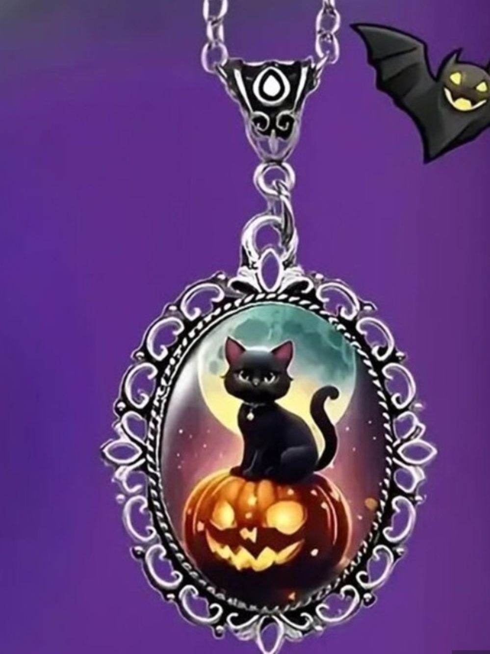Black Cat Pumpkin Pendant Necklace - Halloween Cat Jewelry